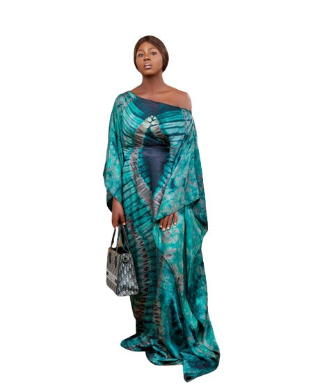 Turquoise African Long Lounge Kimono Wax Dress - One Size Fits Most (S,M,L,XL)