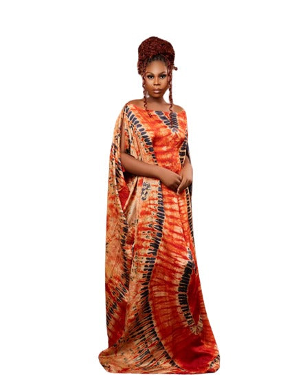 African Long Silky Batik Kaftan Dress - Orange