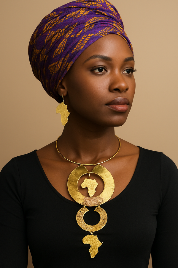 African map brass Jewelry Set Fatima – Handmade Necklace & Earring for Women | Authentic Handmade Brass Necklace Set with matching map earrings| African Women’s Jewelry
