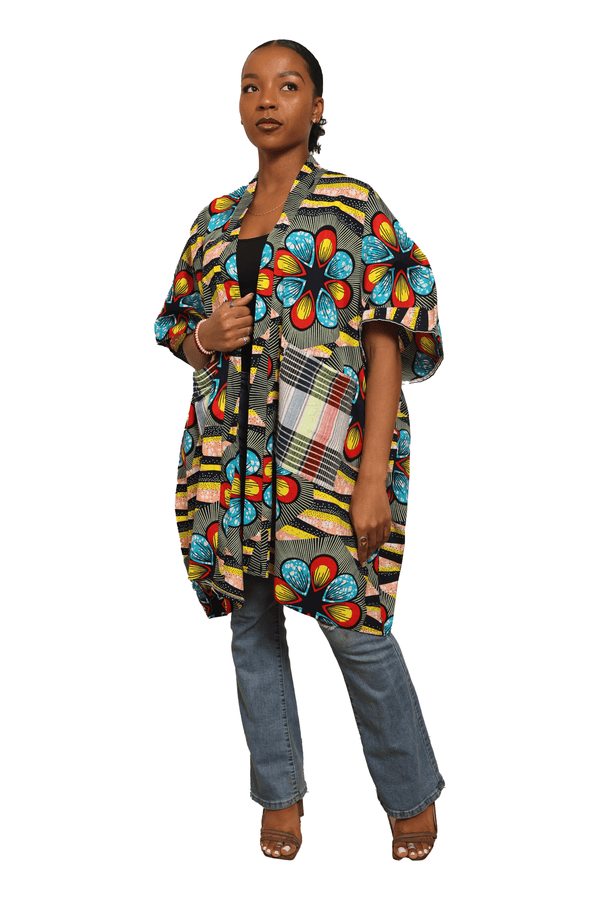 African Printed Kimono Jacket - Unisex |  African Kimono Knee length | African Jacket with woven pocket cover