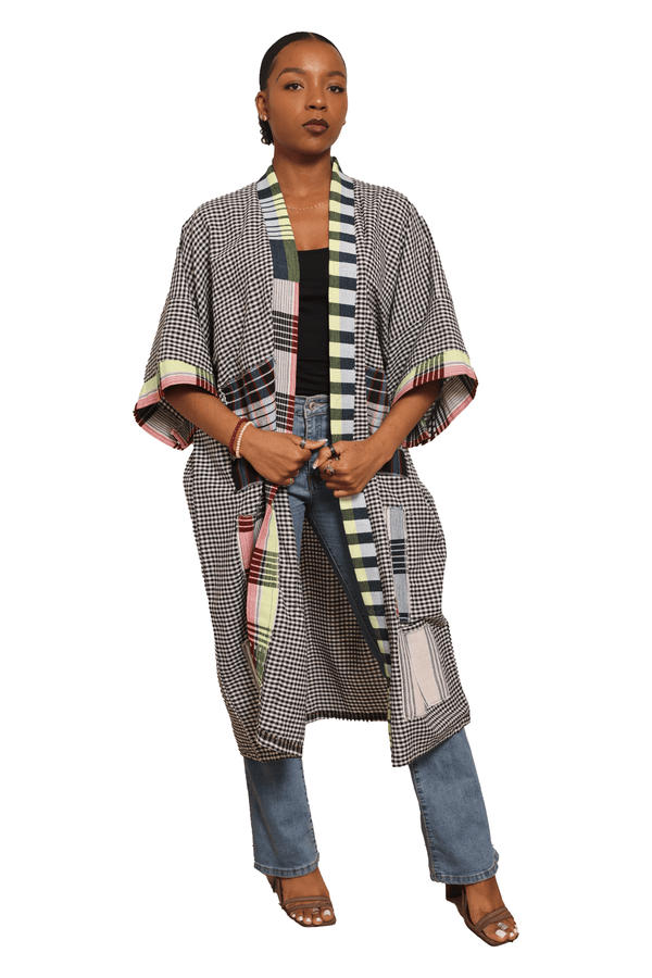 Stylish Black and White Checkered Woven African Kimono Jacket - Unisex | Long African Kimono | Handmade African Jacket