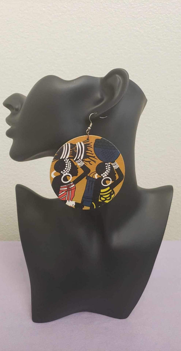Ethnic Wooden Earrings Depicting African Women Engaged in Household Chores | Handmade African Tribal Round Wooden Earrings | African Accessories | African Jewelry