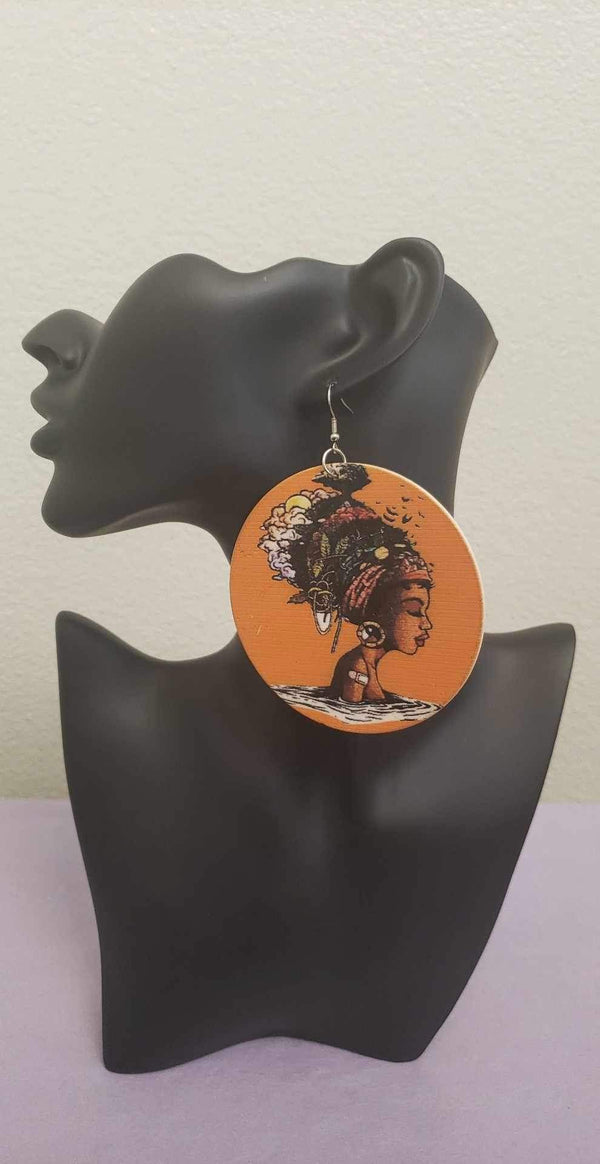 Handcrafted African Tribal Wooden Earrings with Royal Queen Headwrap | Handmade African Tribal Wooden Earrings | African Accessories | African Jewelry