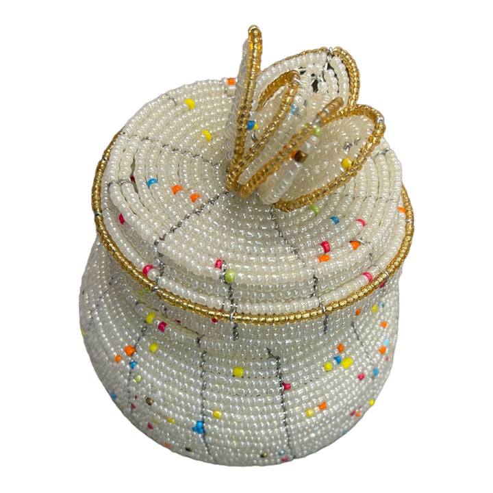 African Beaded Round Mini Pot with Lid White