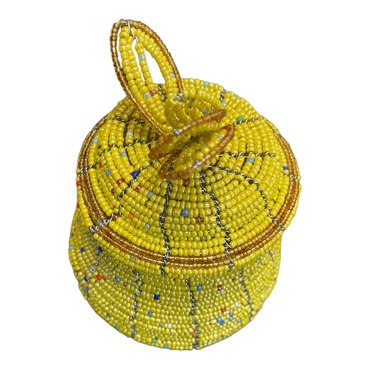 African Beaded Round Mini Pot with Lid Yellow