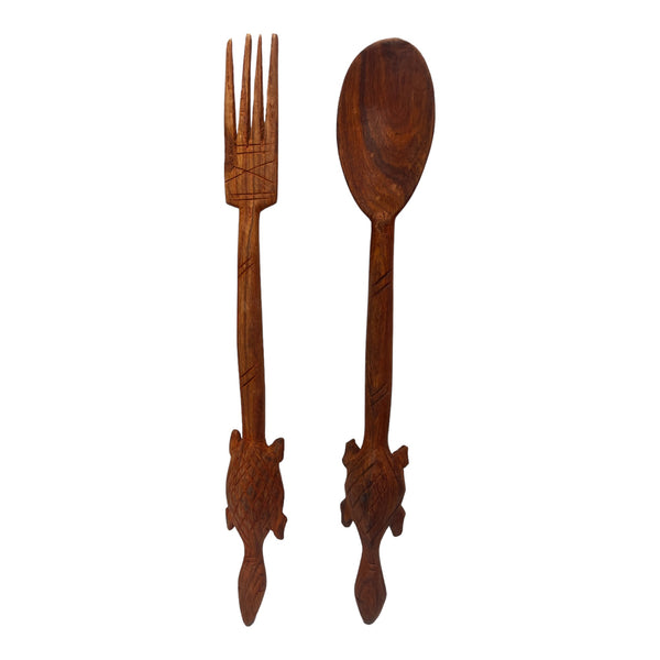 African large Wooden Spoons & Fork | Wood Utensil: Mahogany Serving Spoon and Fork | African Kitchen Decor