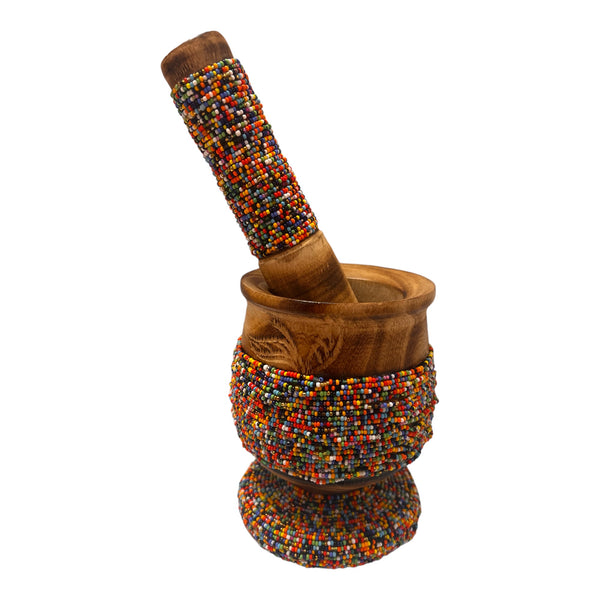 African Beaded Wooden Mortar and Pestle | Handcrafted Home Decor Beaded Mortar & Pestle
