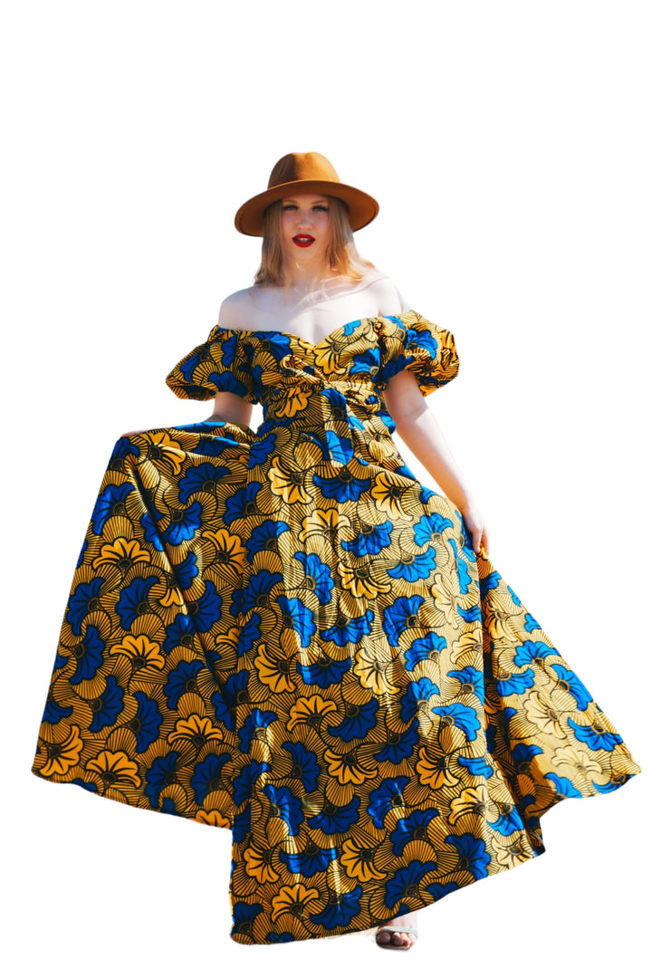 Long puff sleeve wrap African Dress with Belt and Pockets By Bazaar Pagne | Long Ankara Dress | Long African Print Dress For Women Yellow Long puff sleeve wrap African Dress with Belt and Pockets By Bazaar Pagne | Long Ankara Dress | Long African Print Dress For Women Yellow