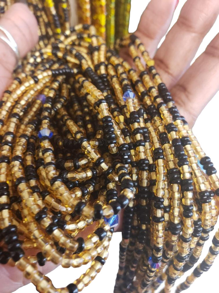 African Waist Beads Gold and Black With blue