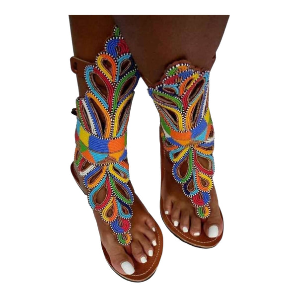 Beaded Gladiator Sandals | African Beaded Sandals | Leather Gladiator Slippers for Women| Summer sandals | Mother's Day gift