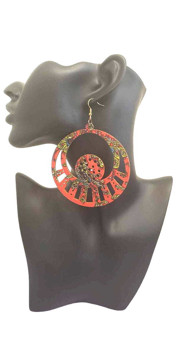 African Big Wooden Earrings With Bright Colors | Handmade African Tribal Hoops Wooden Earrings | African Accessories | African Jewelry